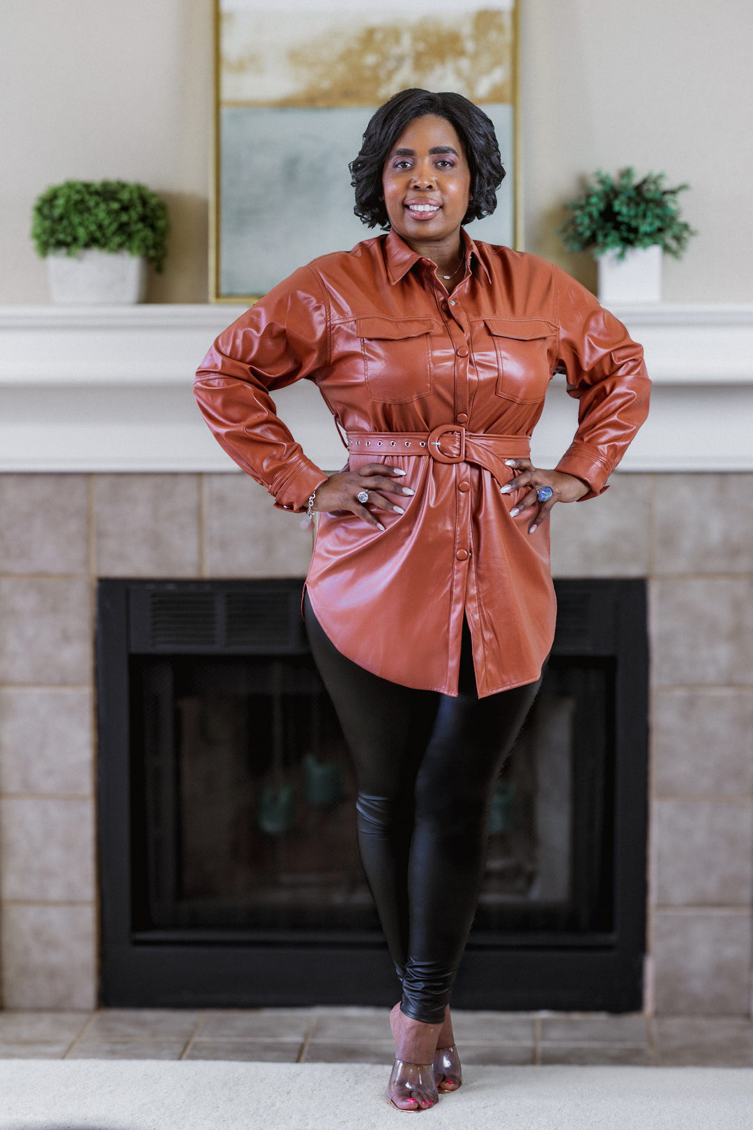 Caramel Faux Leather Shirt Dress with Detachable Belt