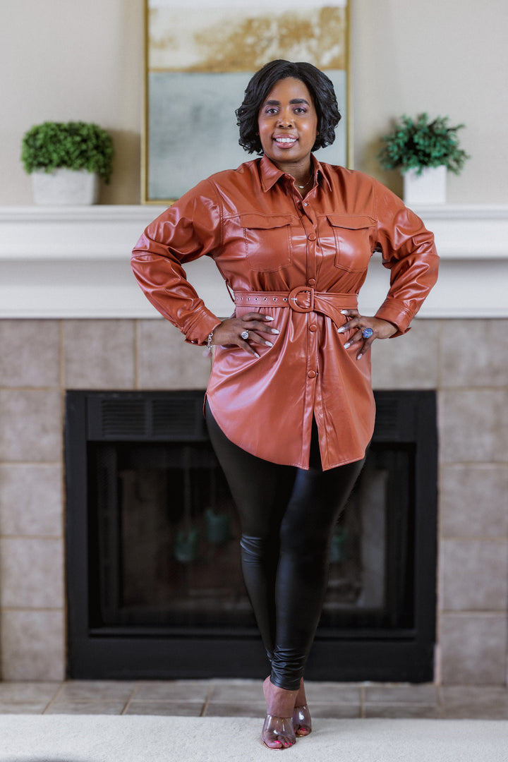 Caramel Faux Leather Shirt Dress with Detachable Belt