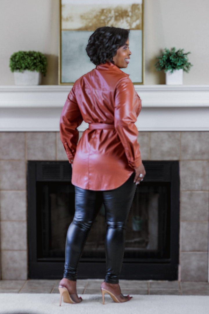 Caramel Faux Leather Shirt Dress with Detachable Belt