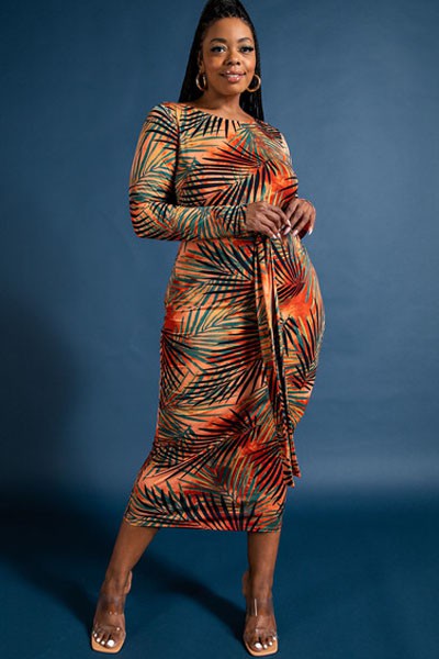 Celine Multicolor Midi Dress with Tie Belt  (Plus Size)