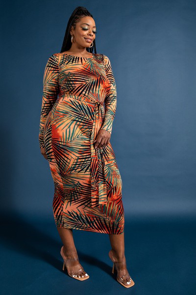 Celine Multicolor Midi Dress with Tie Belt  (Plus Size)