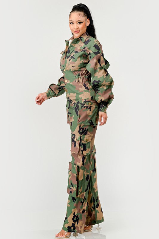 Kia Jumpsuit (Camo + Ruffle Sleeve) (Small to Large)