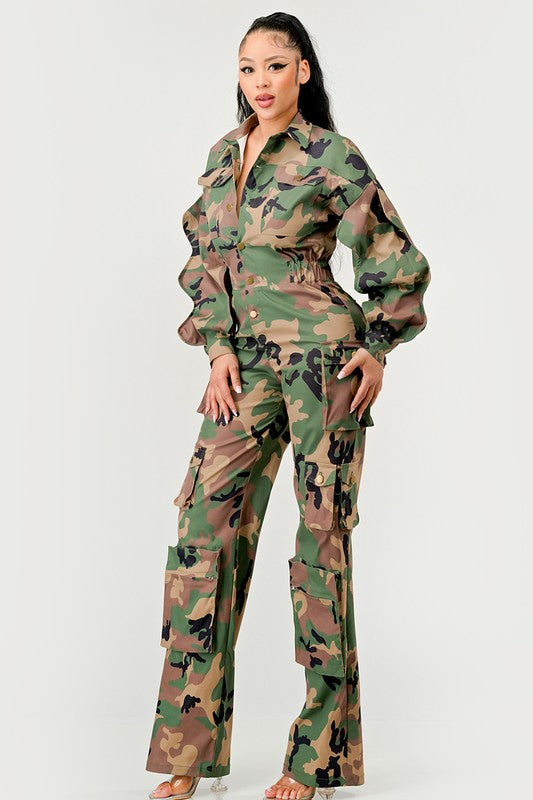 Kia Jumpsuit (Camo + Ruffle Sleeve) (Small to Large)