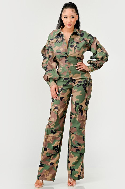 Kia Jumpsuit (Camo + Ruffle Sleeve) (Small to Large)