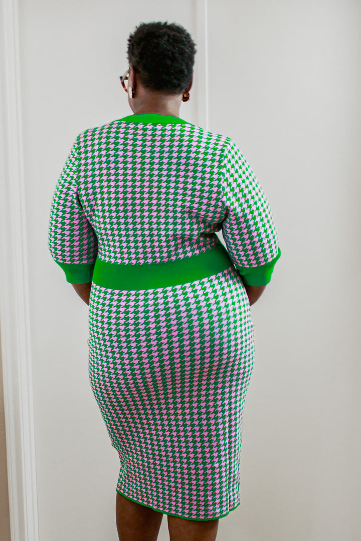 Burke (Green & Pink Houndstooth Dress)(Size 1X-3X)