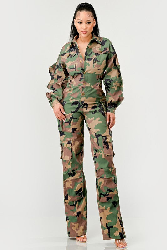 Kia Jumpsuit (Camo + Ruffle Sleeve) (Small to Large)