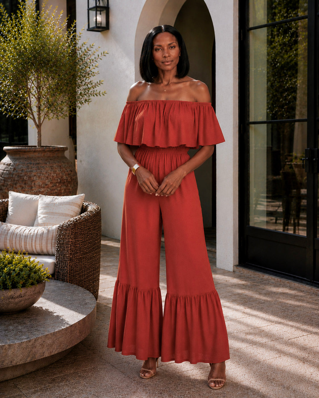 Rust Off-Shoulder Ruffle Hem Jumpsuit