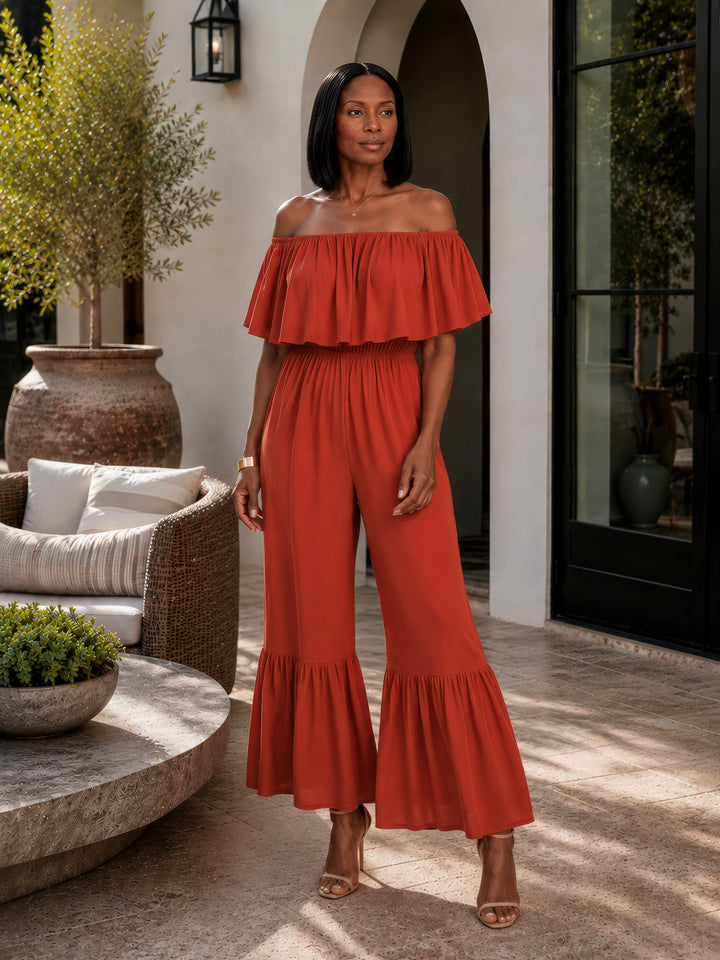 Rust Off-Shoulder Ruffle Hem Jumpsuit
