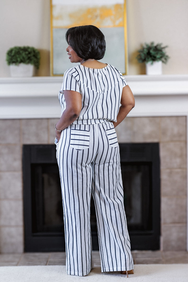 Navy Striped 2-Piece Linen Pants Set