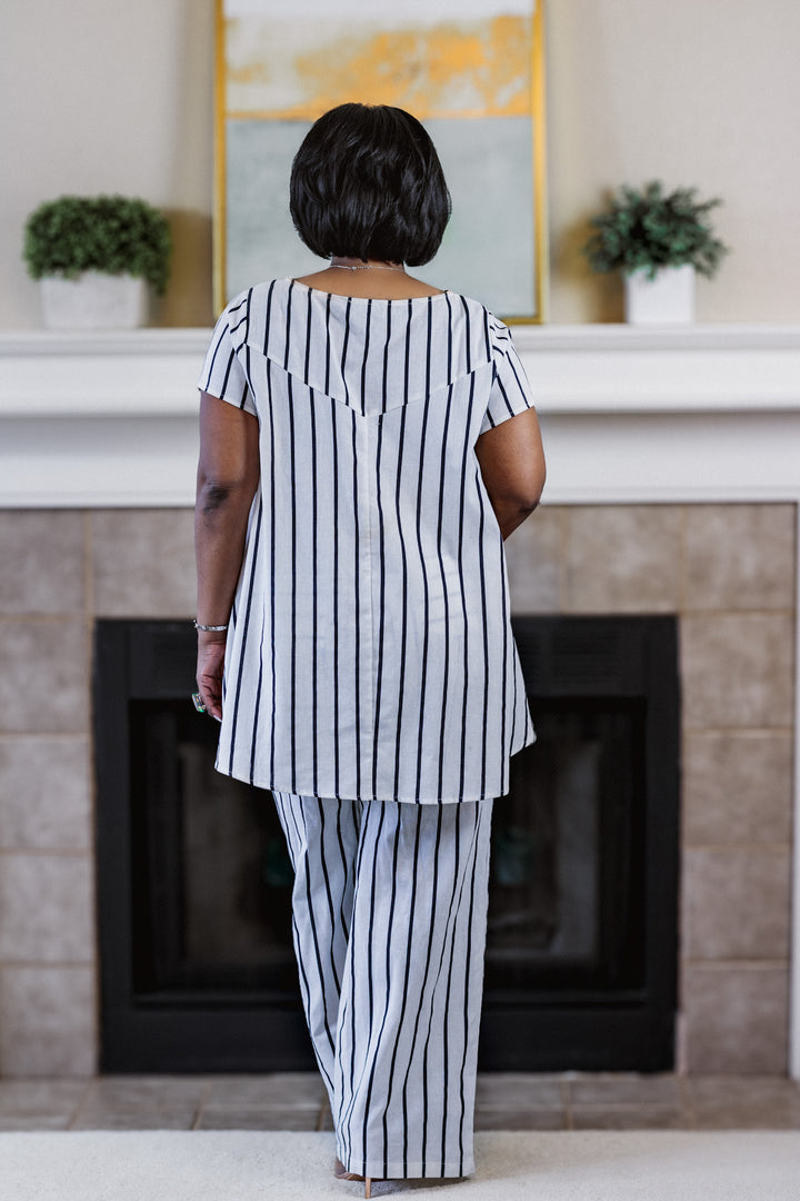 Navy Striped 2-Piece Linen Pants Set