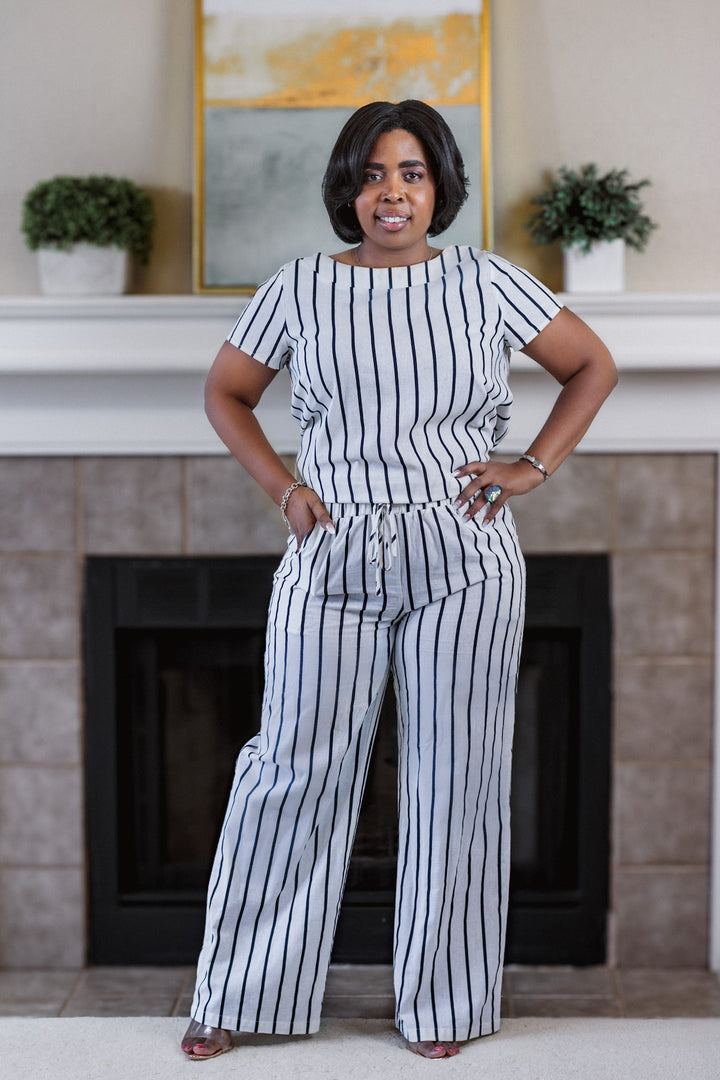 Navy Striped 2-Piece Linen Pants Set