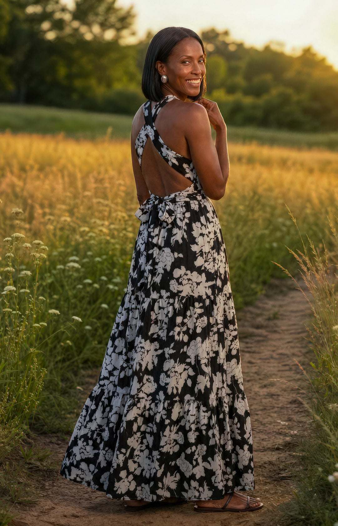 Black &amp; White Floral Halter Maxi Dress