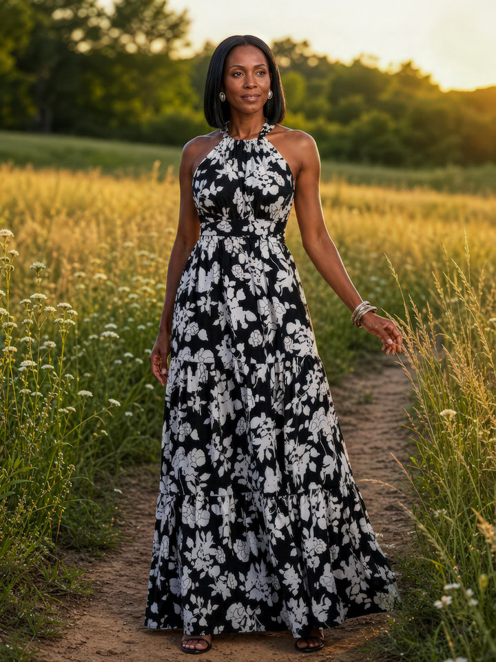 Black &amp; White Floral Halter Maxi Dress