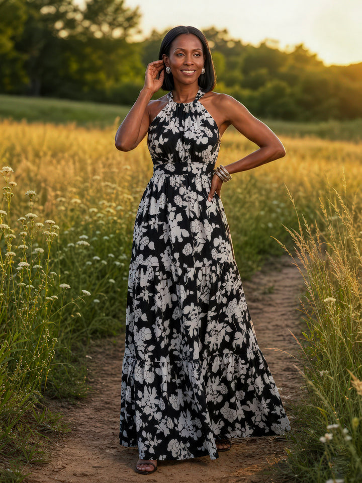 Black &amp; White Floral Halter Maxi Dress