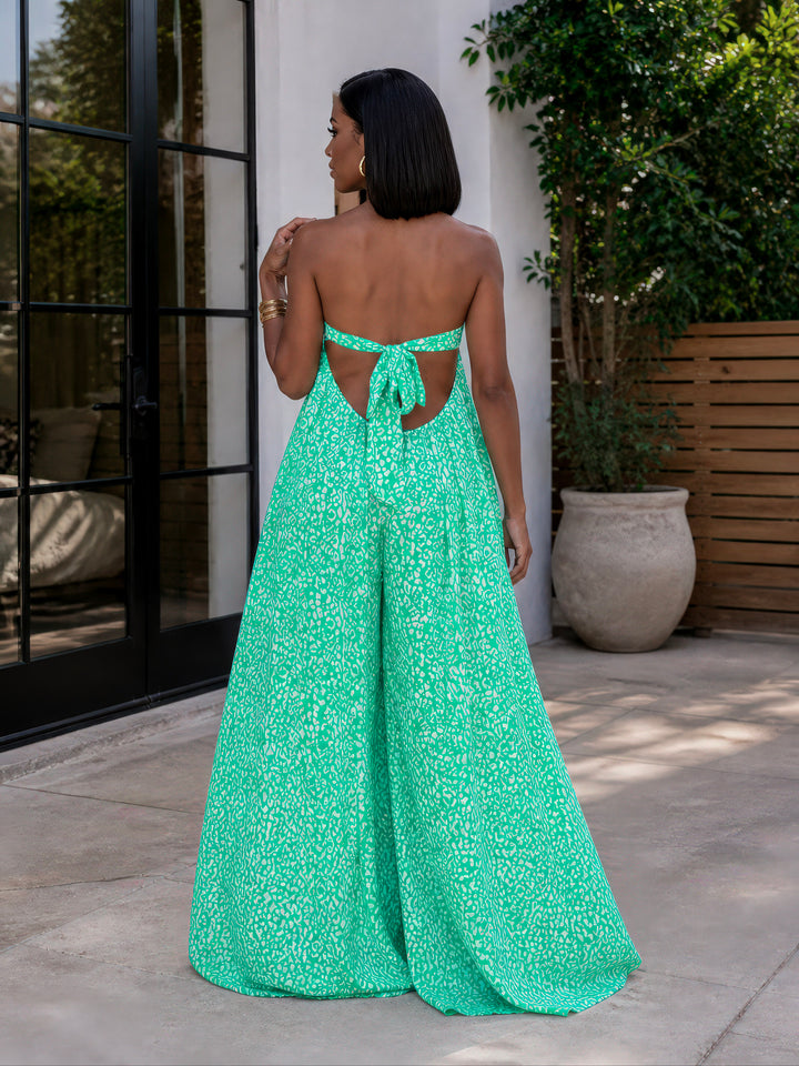 Green Printed Strapless Wide-Leg Jumpsuit