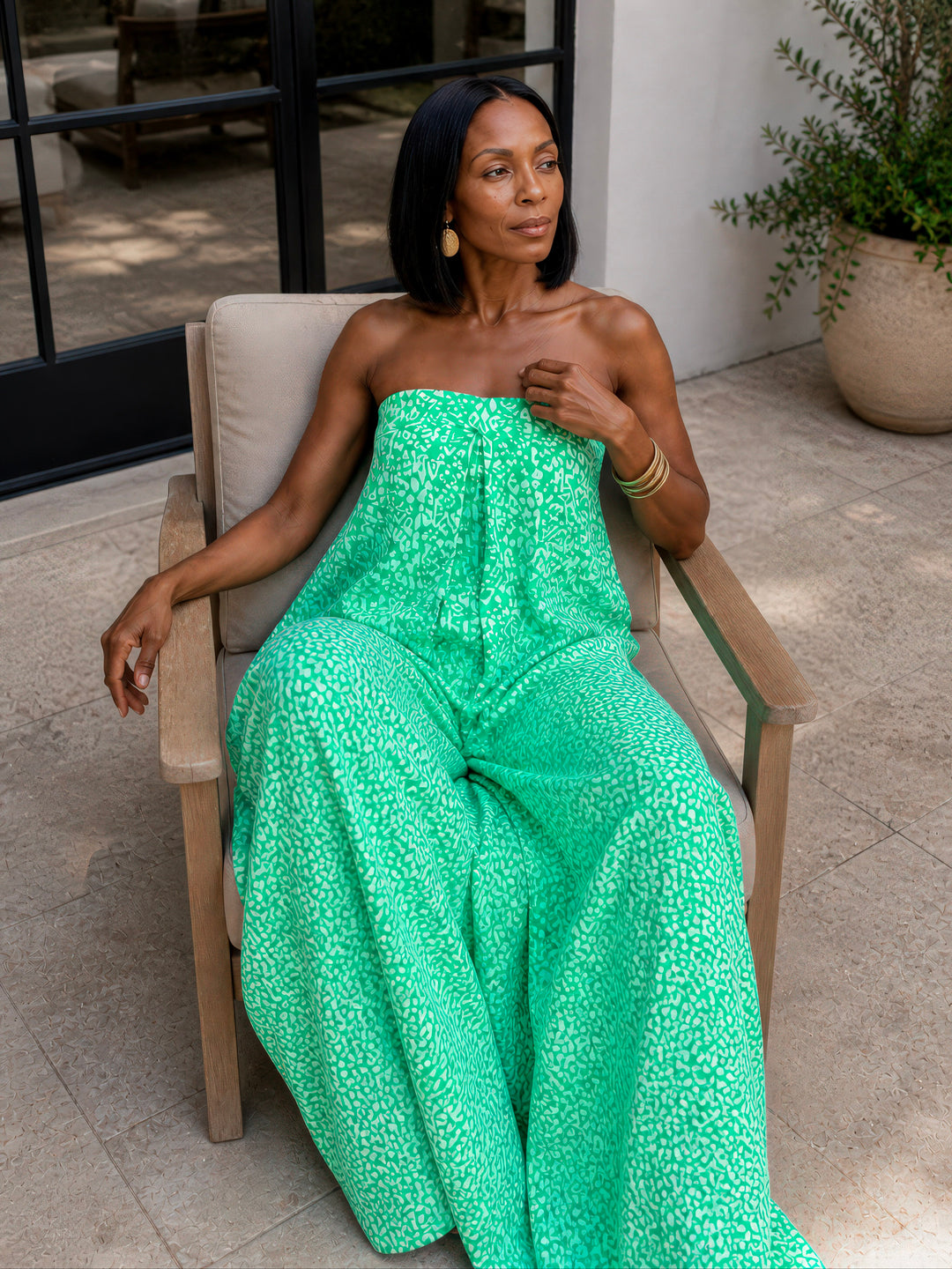 Green Printed Strapless Wide-Leg Jumpsuit