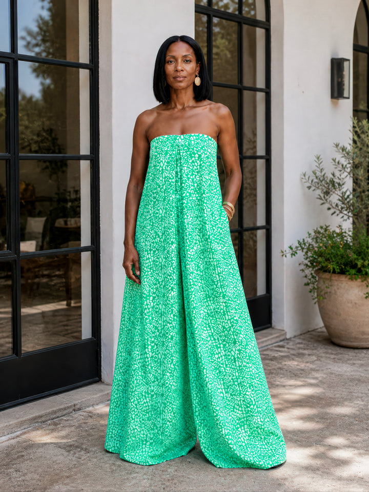 Green Printed Strapless Wide-Leg Jumpsuit
