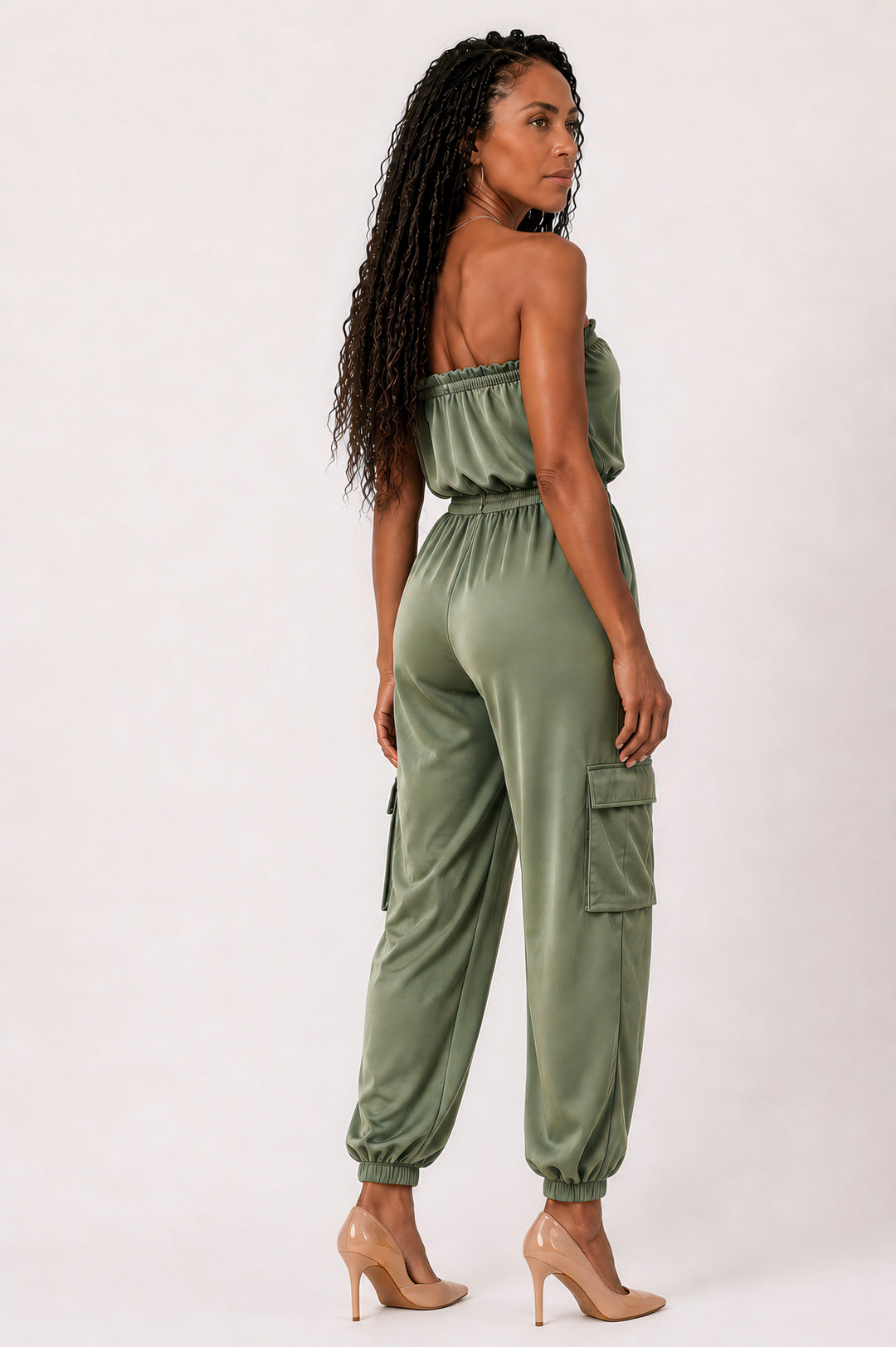 Olive Strapless Cargo Venetian Jumpsuit