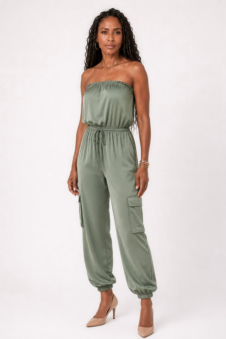 Olive Strapless Cargo Venetian Jumpsuit