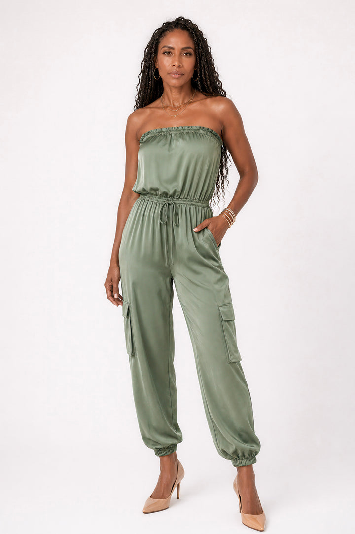 Olive Strapless Cargo Venetian Jumpsuit
