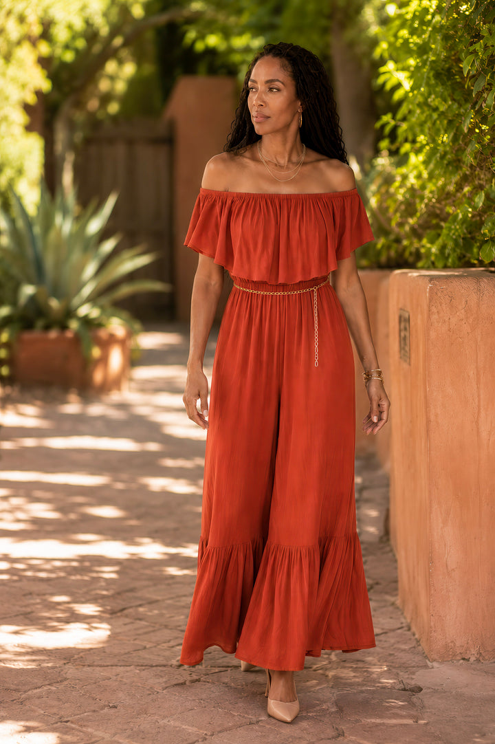 Rust Off-Shoulder Ruffle Hem Jumpsuit