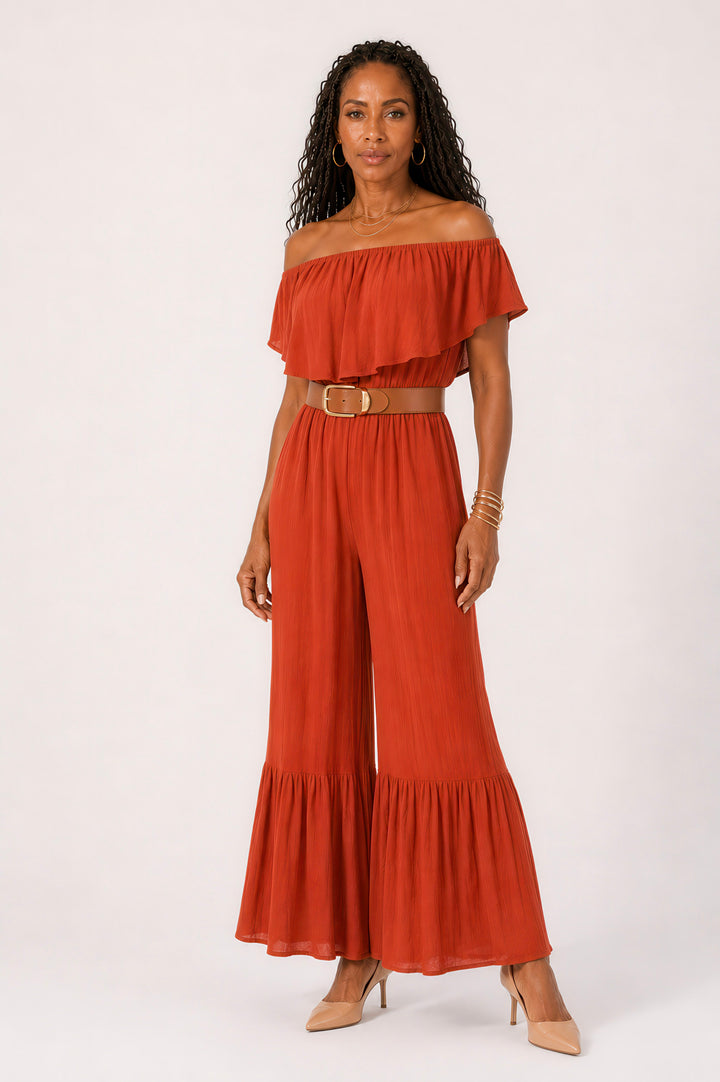 Rust Off-Shoulder Ruffle Hem Jumpsuit