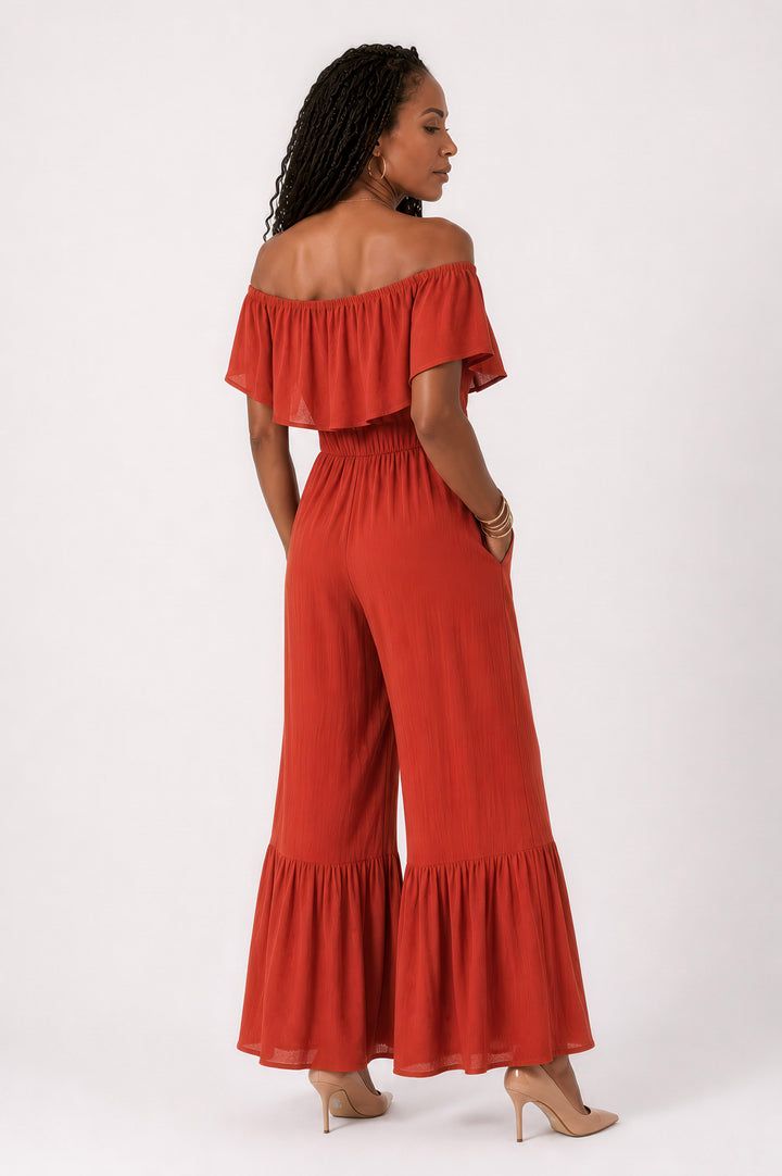 Rust Off-Shoulder Ruffle Hem Jumpsuit