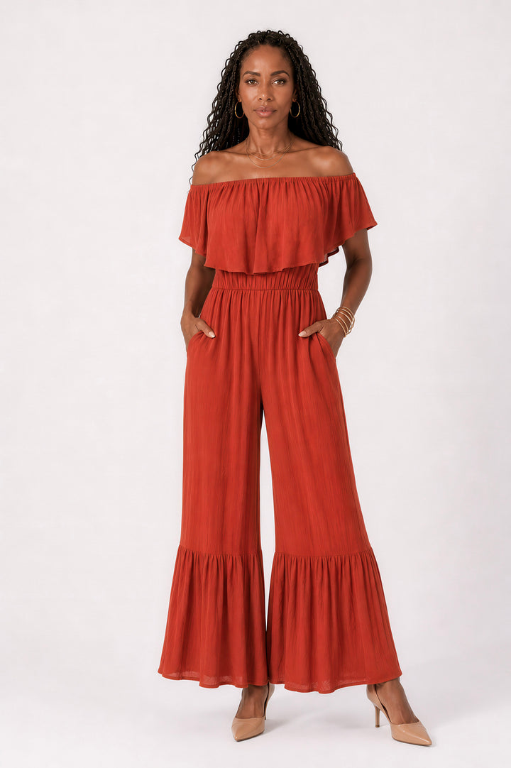 Rust Off-Shoulder Ruffle Hem Jumpsuit