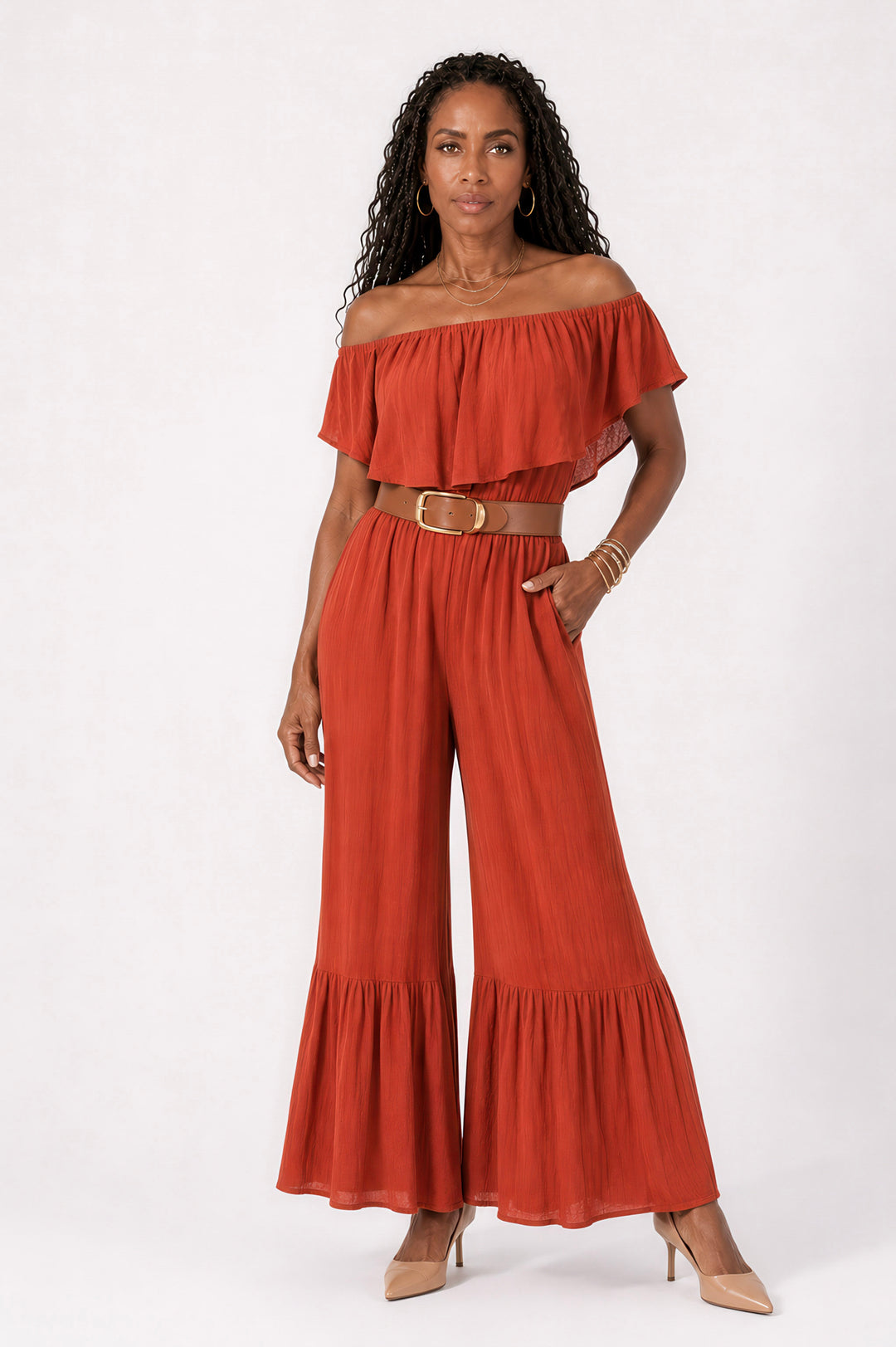 Rust Off-Shoulder Ruffle Hem Jumpsuit