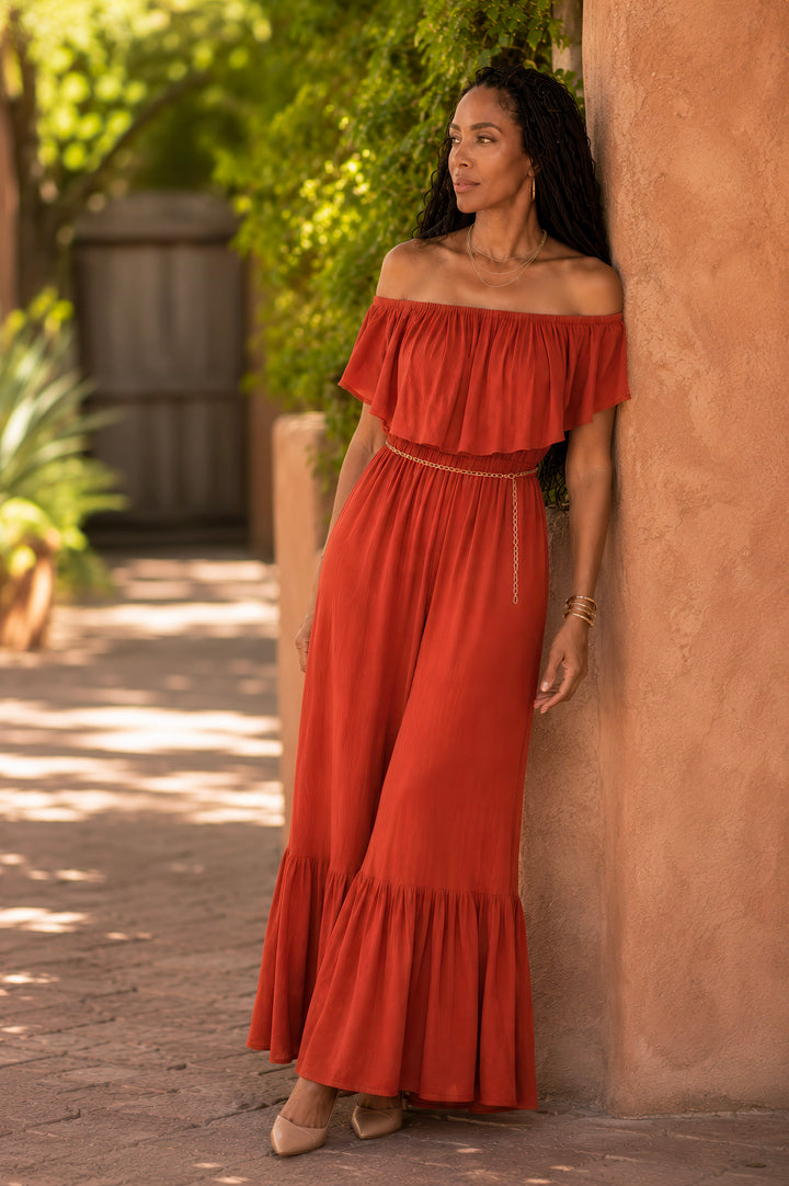 Rust Off-Shoulder Ruffle Hem Jumpsuit