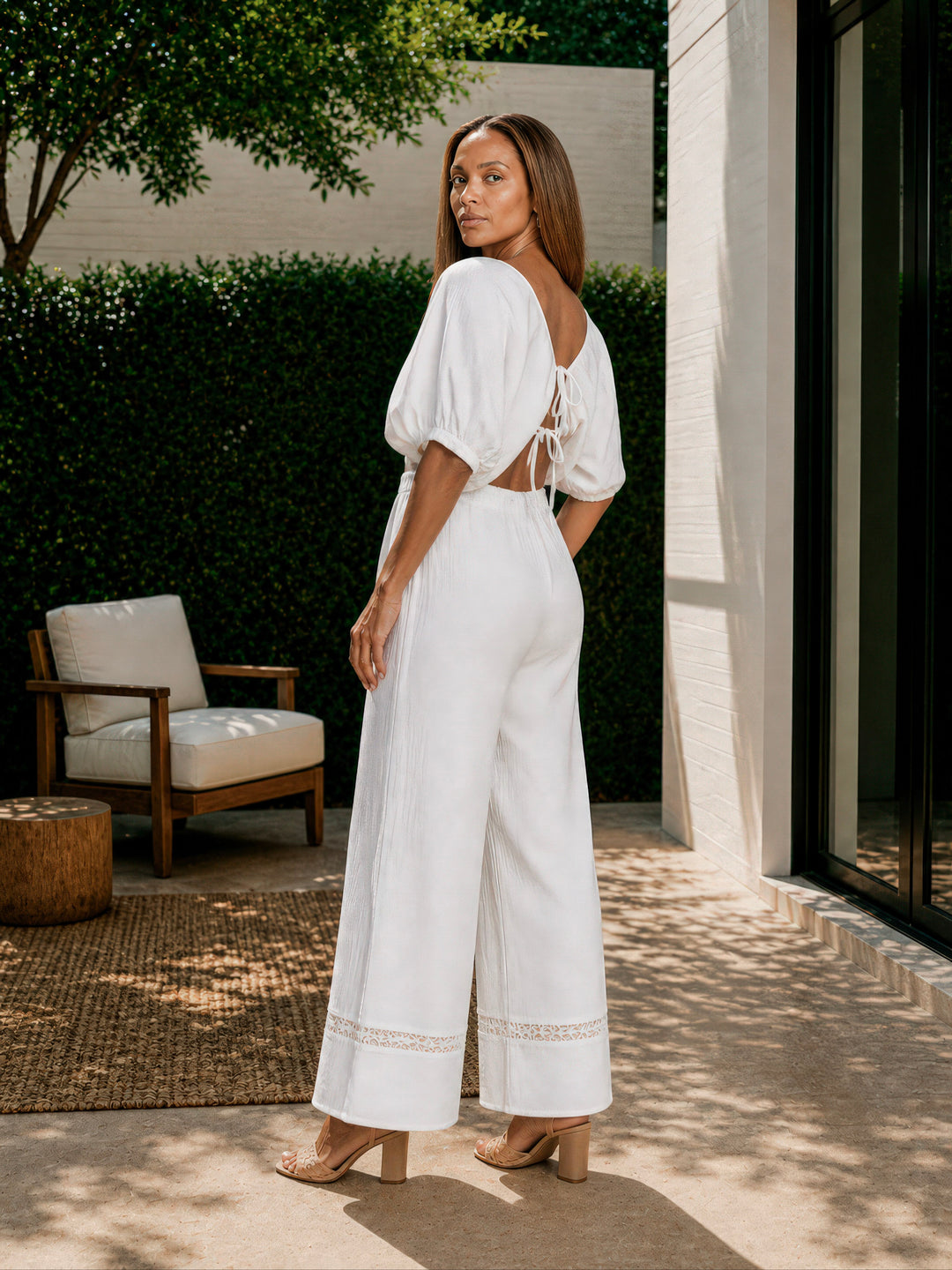 White Puff Sleeve Tie-Back Jumpsuit