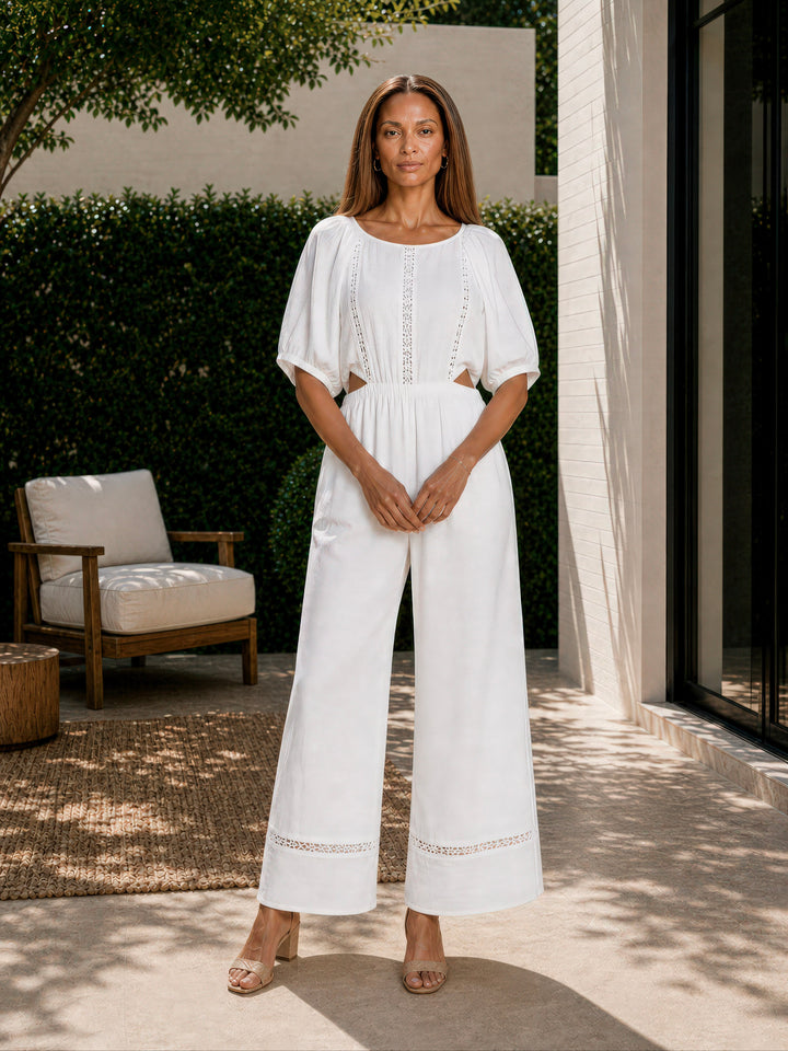 White Puff Sleeve Tie-Back Jumpsuit
