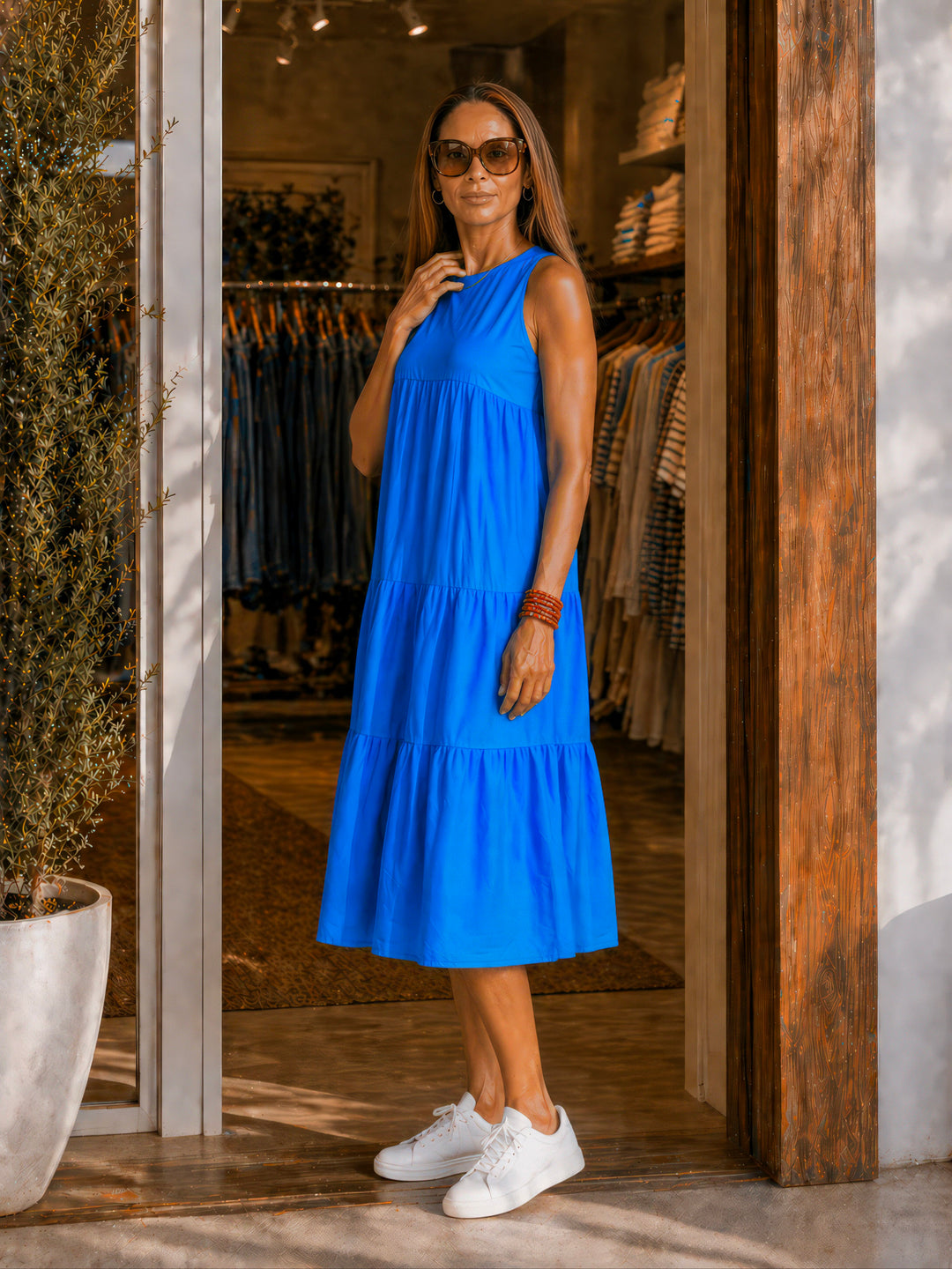 Cobalt Tiered Poplin Dress with Pockets