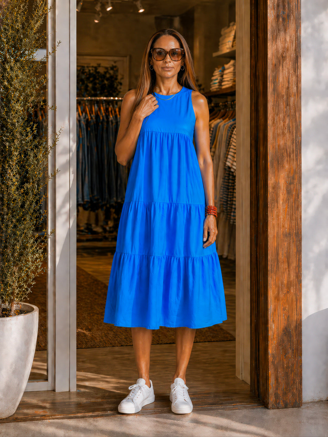 Cobalt Tiered Poplin Dress with Pockets
