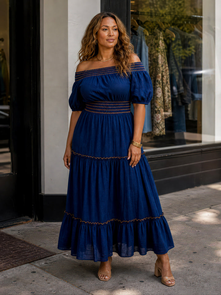 Navy Smocked Off-Shoulder Top &amp; Maxi Skirt Set (Plus)