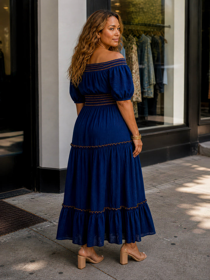 Navy Smocked Off-Shoulder Top &amp; Maxi Skirt Set (Plus)
