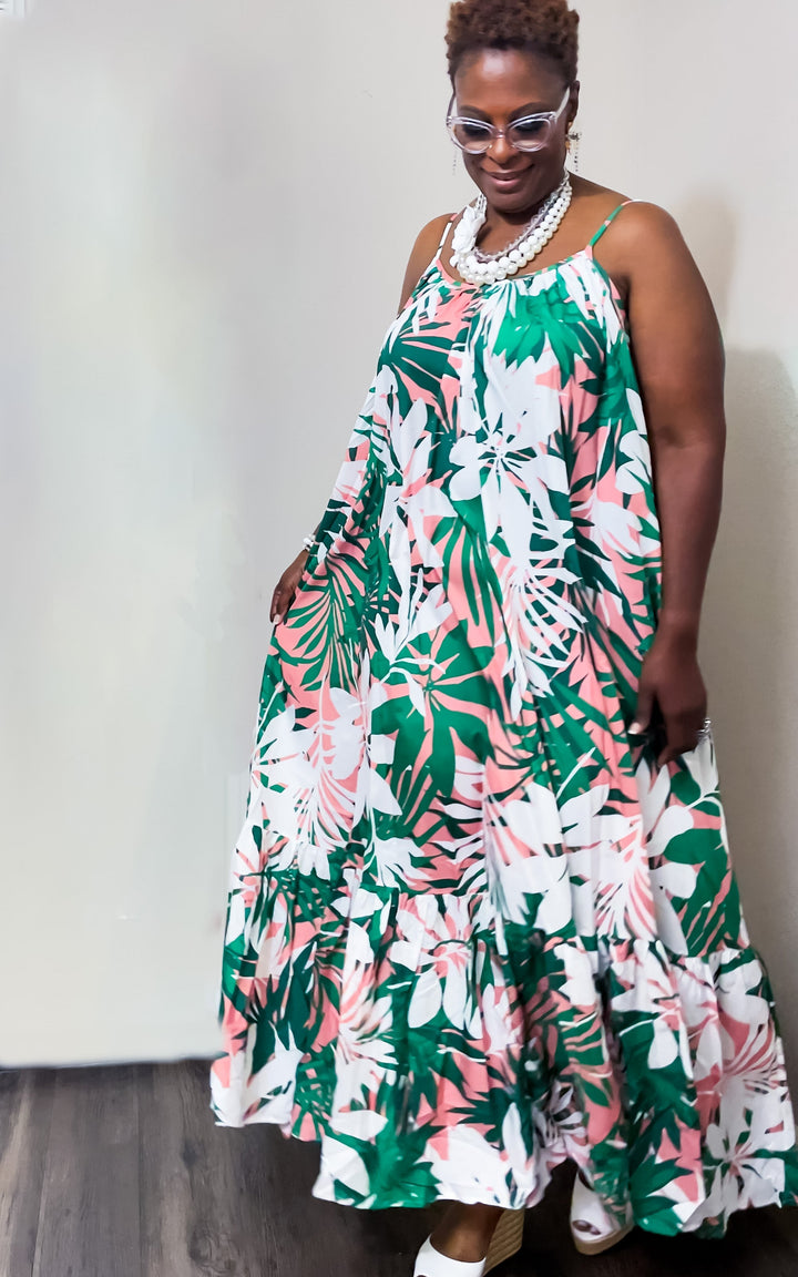 Tropical Paradise Flower Print Maxi Dress (Plus Size)