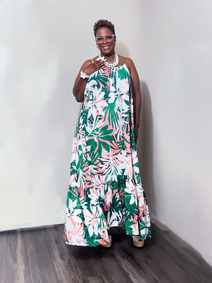 Tropical Paradise Flower Print Maxi Dress (Plus Size)