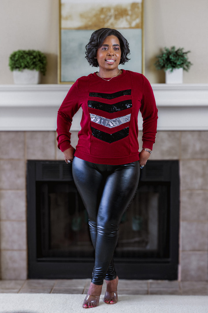 Burgundy Top with Silver and Black Sequins