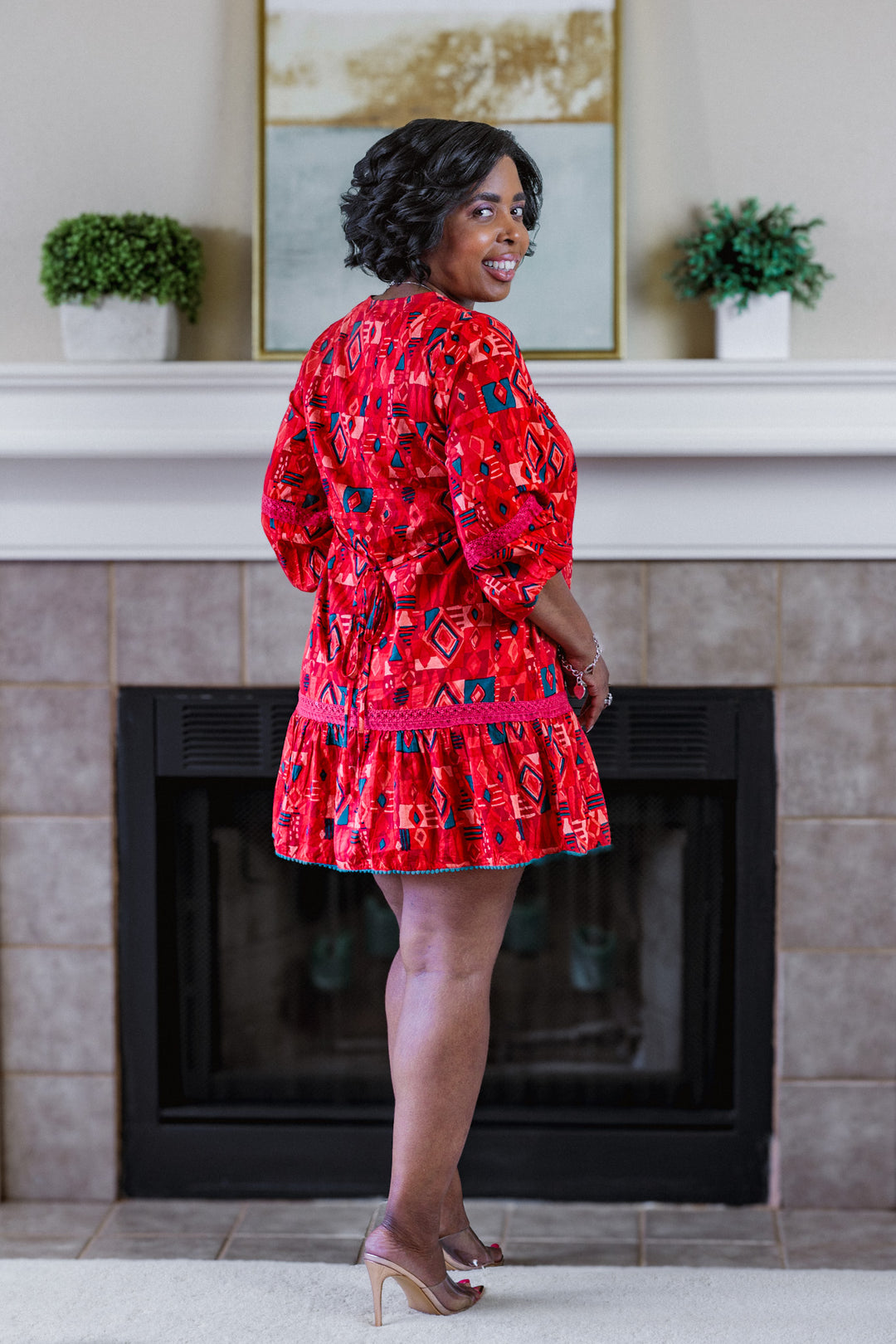 Red/Green Geometric Print Dress w/ Lace Embroidery