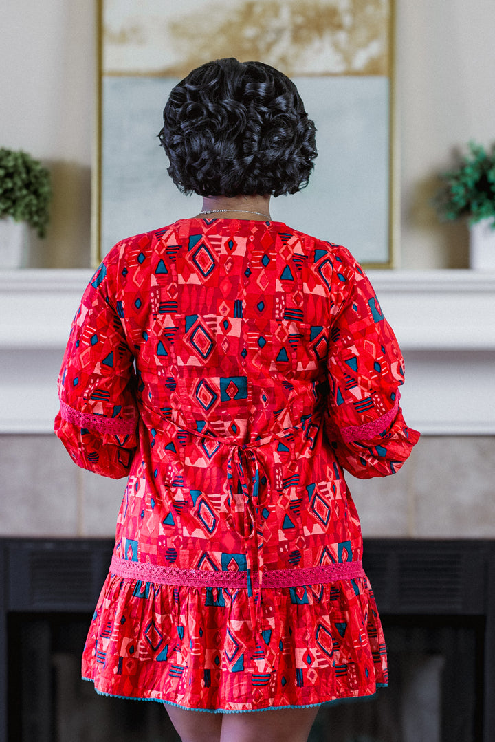 Red/Green Geometric Print Dress w/ Lace Embroidery